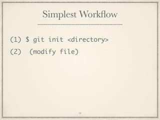 Simplest Workﬂow
(1) $ git init <directory>
(2)

(modify file)

16

 