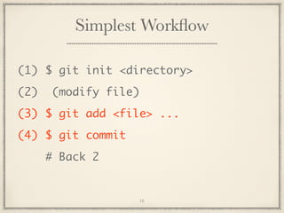 Simplest Workﬂow
(1) $ git init <directory>
(2)

(modify file)

(3) $ git add <file> ...
(4) $ git commit
# Back 2

16

 