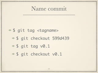 Name commit

$ git tag <tagname>
$ git checkout 599d439
$ git tag v0.1
$ git checkout v0.1

22

 