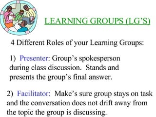 LEARNING GROUPS (LG’S) 4 Different Roles of your Learning Groups: 1)  Presenter : Group’s spokesperson during class discussion.  Stands and presents the group’s final answer. 2)   Facilitator:  Make’s sure group stays on task and the conversation does not drift away from the topic the group is discussing. 