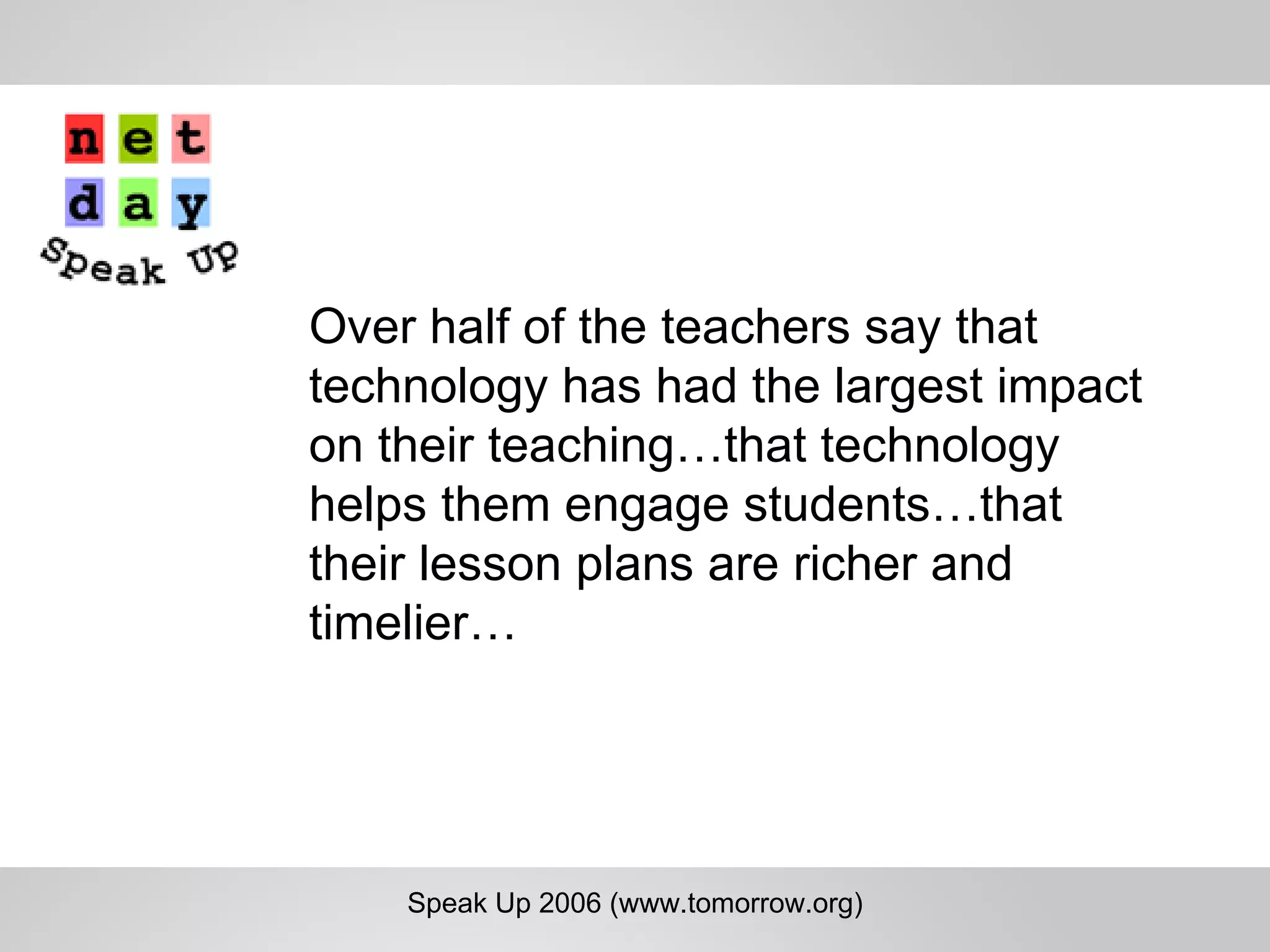 Data from Kaiser Family Foundation Study, 2005 Speak Up 2006 (www.tomorrow.org) Over half of the teachers say that technology has had the largest impact on their teaching…that technology helps them engage students…that their lesson plans are richer and timelier… 