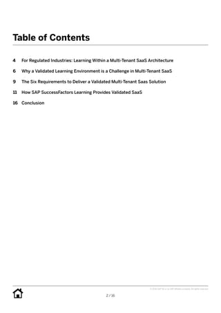 2 / 16
© 2016 SAP SE or an SAP affiliate company. All rights reserved.
Table of Contents
4	 For Regulated Industries: Learning Within a Multi-Tenant SaaS Architecture
6	 Why a Validated Learning Environment is a Challenge in Multi-Tenant SaaS
9	 The Six Requirements to Deliver a Validated Multi-Tenant Saas Solution
11	 How SAP SuccessFactors Learning Provides Validated SaaS
16	Conclusion
 