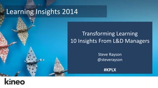 Learning Insights 2014 
Transforming Learning 
10 Insights From L&D Managers 
Steve Rayson 
@steverayson 
#KPLX 
 
