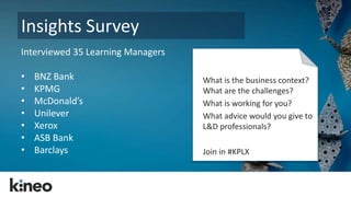 Insights Survey 
Interviewed 35 Learning Managers 
• BNZ Bank 
• KPMG 
• McDonald’s 
• Unilever 
• Xerox 
• ASB Bank 
• Barclays 
What is the business context? 
What are the challenges? 
What is working for you? 
What advice would you give to 
L&D professionals? 
Join in #KPLX 
 