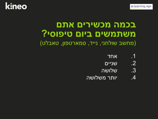 ‫אתם‬ ‫מכשירים‬ ‫בכמה‬
‫טיפוסי‬ ‫ביום‬ ‫משתמשים‬?
(‫שולחני‬ ‫מחשב‬,‫נייד‬,‫סמארטפון‬,‫טאבלט‬)
.1‫אחד‬
.2‫שניים‬
.3‫שלושה‬
.4‫משלושה‬ ‫יותר‬
 