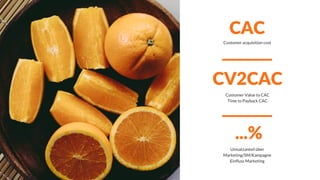 CAC
...%
CV2CAC
Customer acquisition cost
Customer Value to CAC
Time to Payback CAC
Umsatzanteil über
Marketing/SM/Kampagne
Einfluss Marketing
 