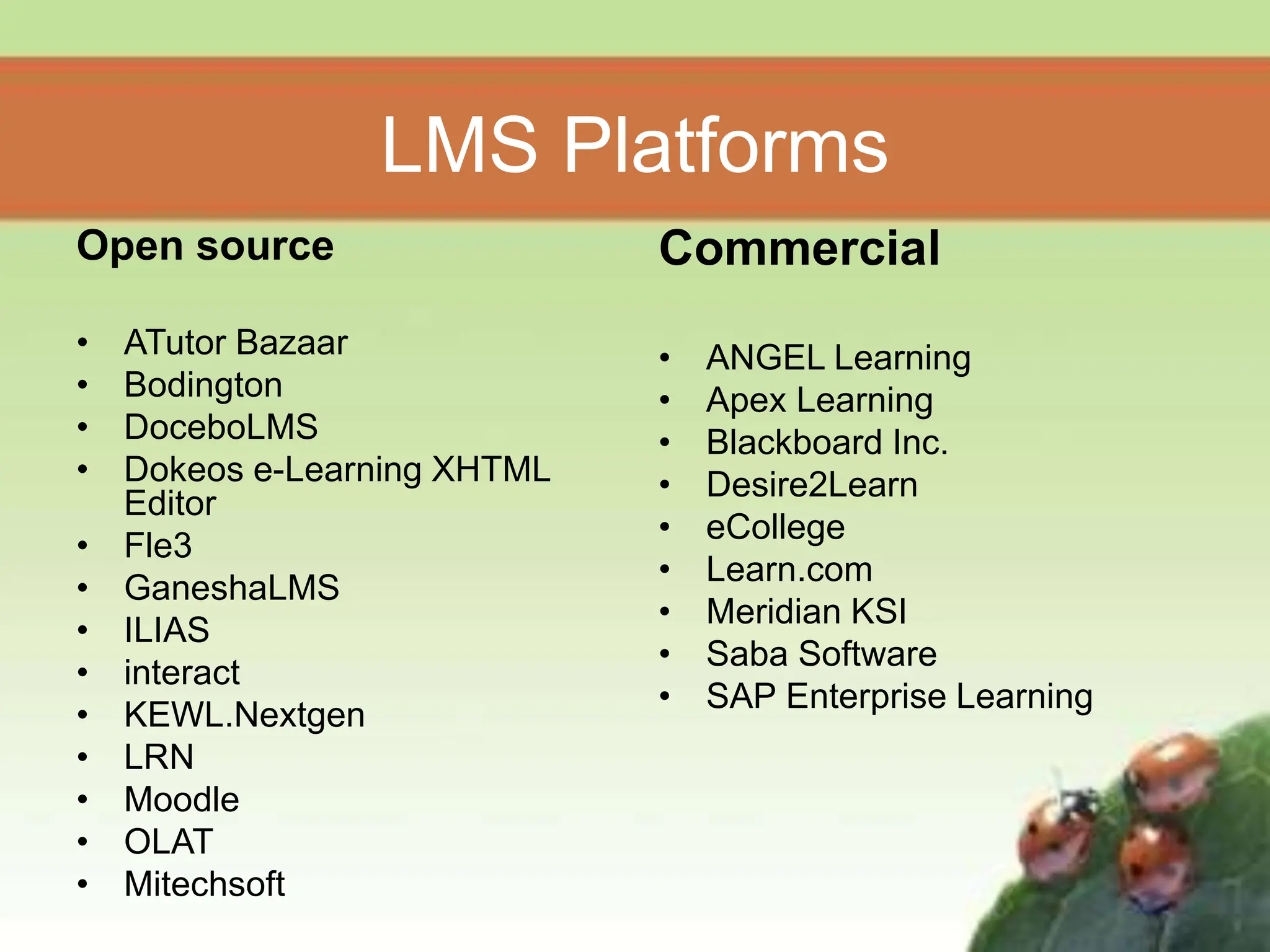 LMS Platforms
Open source
• ATutor Bazaar
• Bodington
• DoceboLMS
• Dokeos e-Learning XHTML
Editor
• Fle3
• GaneshaLMS
• ILIAS
• interact
• KEWL.Nextgen
• LRN
• Moodle
• OLAT
• Mitechsoft
Commercial
• ANGEL Learning
• Apex Learning
• Blackboard Inc.
• Desire2Learn
• eCollege
• Learn.com
• Meridian KSI
• Saba Software
• SAP Enterprise Learning
 