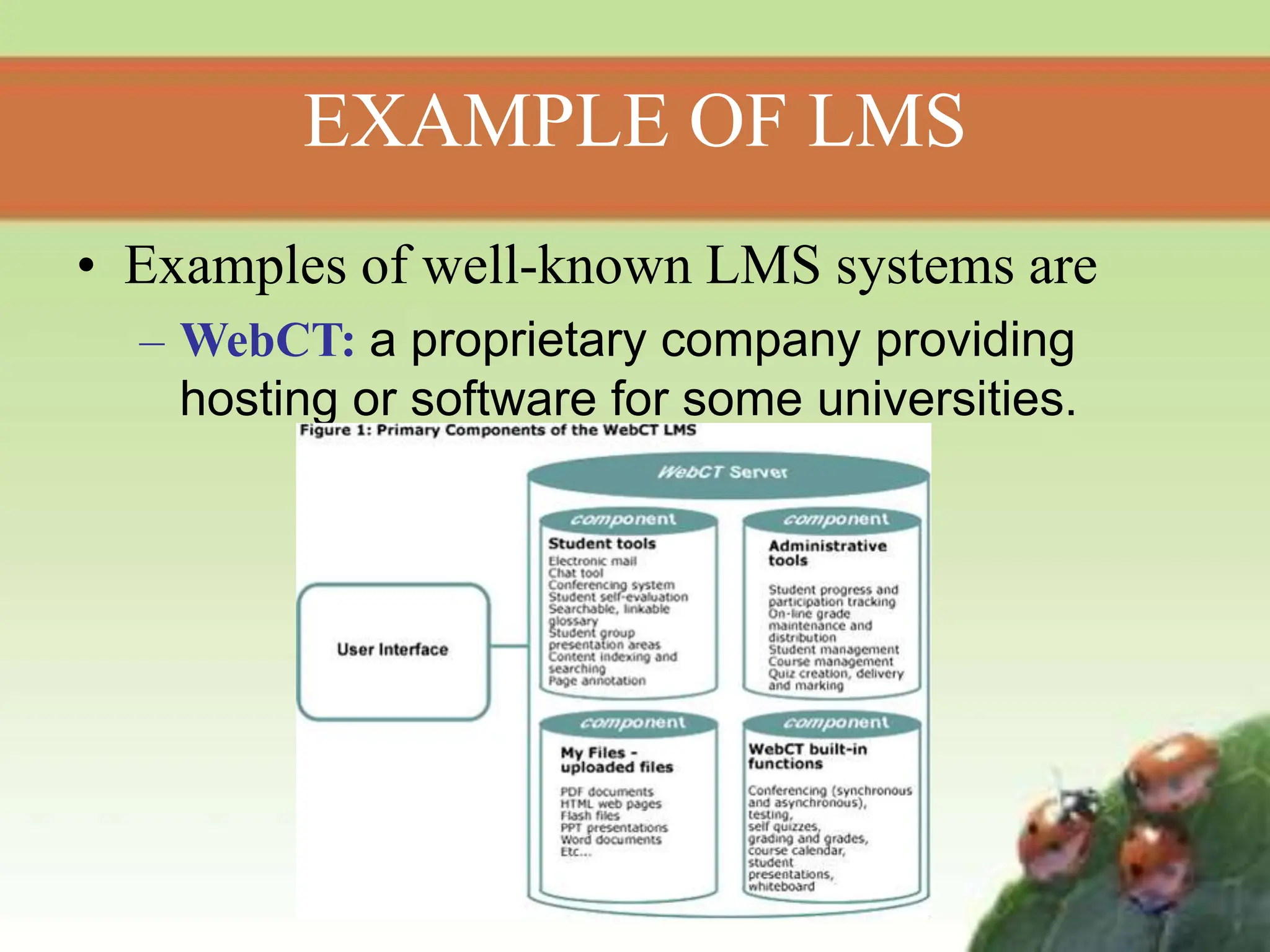 EXAMPLE OF LMS
• Examples of well-known LMS systems are
– WebCT: a proprietary company providing
hosting or software for some universities.
 