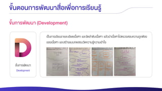 ขั้นการพัฒนา
Development
ขั้นตอนการพัฒนาสื่อเพื่อการเรียนรู้
เป็นการเขียนรายละเอียดเนื้อหา และจัดลาดับเนื้อหา แล้วนาเนื้อหาไปตรวจสอบความถูกต้อง
ของเนื้อหา และสร้างแบบทดสอบวัดความรู้ความเข้าใจ
ขั้นการพัฒนา (Development)
 