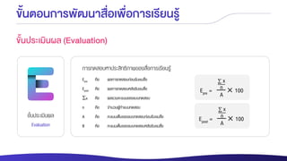 ขั้นประเมินผล
Evaluation
ขั้นตอนการพัฒนาสื่อเพื่อการเรียนรู้
ขั้นประเมินผล (Evaluation)
การทดสอบหาประสิทธิภาพของสื่อการเรียนรู้
Epre =
σ x
n
A
× 100
Epost =
σ x
n
A
× 100
Epre คือ ผลการทดสอบก่อนรับชมสื่อ
Epost คือ ผลการทดสอบหลังรับชมสื่อ
x คือ ผลรวมคะแนนของแบบทดสอบ
n คือ จานวนผู้ทาแบบทดสอบ
A คือ คะแนนเต็มของแบบทดสอบก่อนรับชมสื่อ
B คือ คะแนนเต็มของแบบทดสอบหลังรับชมสื่อ
 