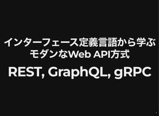 インターフェース定義言語から学ぶ
モダンなWeb API方式
REST, GraphQL, gRPC
1
 