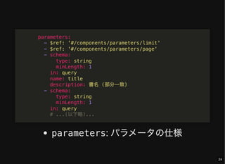 parameters: パラメータの仕様
parameters:
- $ref: '#/components/parameters/limit'
- $ref: '#/components/parameters/page'
- schema:
type: string
minLength: 1
in: query
name: title
description: 書名 (部分一致)
- schema:
type: string
minLength: 1
in: query
# ...(以下略)...
24
 