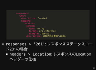 responses > '201': レスポンスステータスコー
ド201の場合
headers > Location: レスポンスのLocation
ヘッダーの仕様
responses:
'201':
description: Created
headers:
Location:
schema:
type: string
format: uri-reference
example: /books/1
description: 追加された書籍へのURL
28
 