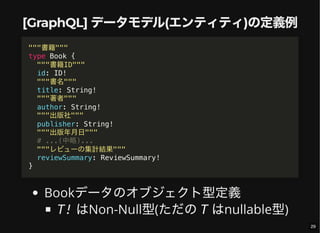 [GraphQL] データモデル(エンティティ)の定義例
Bookデータのオブジェクト型定義
T! はNon-Null型(ただのT はnullable型)
"""書籍"""
type Book {
"""書籍ID"""
id: ID!
"""書名"""
title: String!
"""著者"""
author: String!
"""出版社"""
publisher: String!
"""出版年月日"""
# ...(中略)...
"""レビューの集計結果"""
reviewSummary: ReviewSummary!
}
29
 
