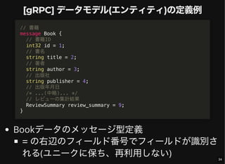 [gRPC] データモデル(エンティティ)の定義例
Bookデータのメッセージ型定義
= の右辺のフィールド番号でフィールドが識別さ
れる(ユニークに保ち、再利用しない)
// 書籍
message Book {
// 書籍ID
int32 id = 1;
// 書名
string title = 2;
// 著者
string author = 3;
// 出版社
string publisher = 4;
// 出版年月日
/* ...(中略)... */
// レビューの集計結果
ReviewSummary review_summary = 9;
}
34
 