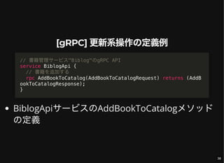 [gRPC] 更新系操作の定義例
BiblogApiサービスのAddBookToCatalogメソッド
の定義
// 書籍管理サービス"Biblog"のgRPC API
service BiblogApi {
// 書籍を追加する
rpc AddBookToCatalog(AddBookToCatalogRequest) returns (AddB
ookToCatalogResponse);
}
38
 