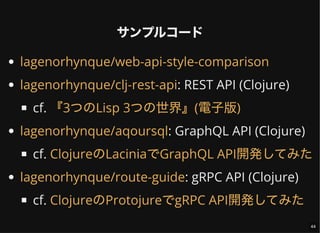 サンプルコード
: REST API (Clojure)
cf.
: GraphQL API (Clojure)
cf.
: gRPC API (Clojure)
cf.
lagenorhynque/web-api-style-comparison
lagenorhynque/clj-rest-api
『3つのLisp 3つの世界』(電子版)
lagenorhynque/aqoursql
ClojureのLaciniaでGraphQL API開発してみた
lagenorhynque/route-guide
ClojureのProtojureでgRPC API開発してみた
44
 