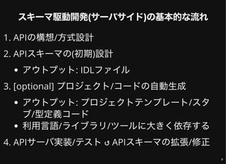 スキーマ駆動開発(サーバサイド)の基本的な流れ
1. APIの構想/方式設計
2. APIスキーマの(初期)設計
アウトプット: IDLファイル
3. [optional] プロジェクト/コードの自動生成
アウトプット: プロジェクトテンプレート/スタ
ブ/型定義コード
利用言語/ライブラリ/ツールに大きく依存する
4. APIサーバ実装/テスト↺ APIスキーマの拡張/修正
9
 