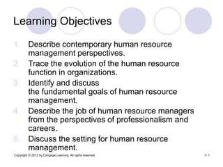 Copyright © 2012 by Cengage Learning. All rights reserved. 1- 1
Learning Objectives
1. Describe contemporary human resource
management perspectives.
2. Trace the evolution of the human resource
function in organizations.
3. Identify and discuss
the fundamental goals of human resource
management.
4. Describe the job of human resource managers
from the perspectives of professionalism and
careers.
5. Discuss the setting for human resource
management.
 
