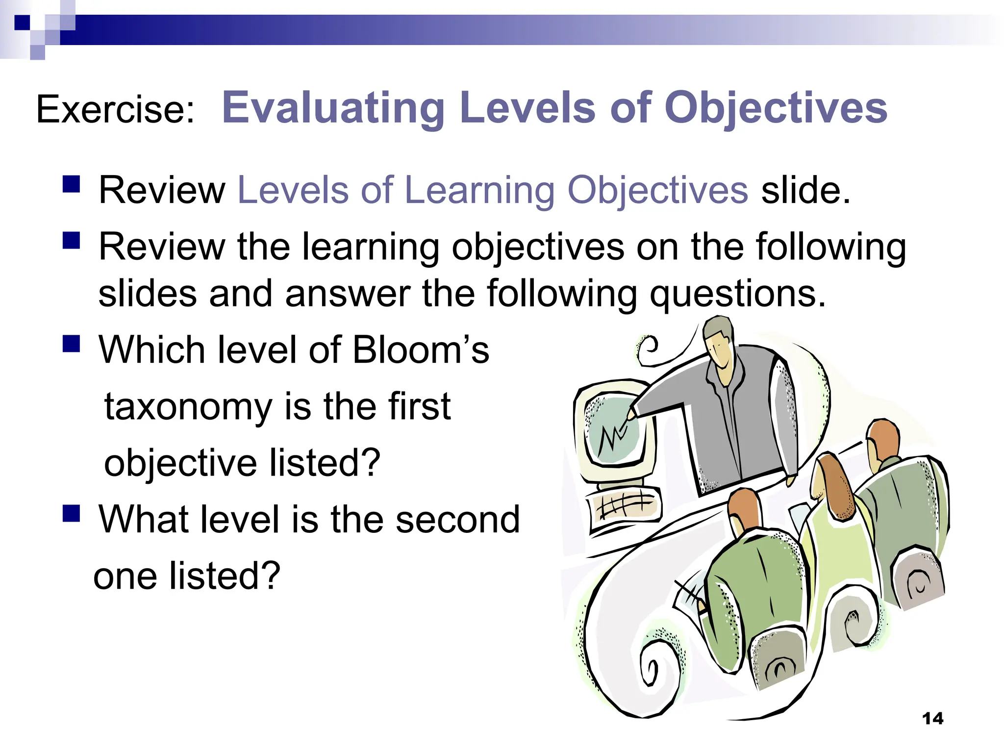 14
Exercise: Evaluating Levels of Objectives
 Review Levels of Learning Objectives slide.
 Review the learning objectives on the following
slides and answer the following questions.
 Which level of Bloom’s
taxonomy is the first
objective listed?
 What level is the second
one listed?
 