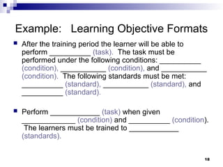 18
Example: Learning Objective Formats
 After the training period the learner will be able to
perform __________ (task). The task must be
performed under the following conditions: __________
(condition), ___________ (condition), and ___________
(condition). The following standards must be met:
__________ (standard), ___________ (standard), and
__________ (standard).
 Perform ____________ (task) when given
_____________ (condition) and __________ (condition).
The learners must be trained to ____________
(standards).
 