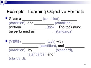19
Example: Learning Objective Formats
 Given a __________ (condition), ________
(condition), and __________ (condition),
perform ____________ (task). The task must
be performed as _________ (standards).
 (VERB) ____________ (task) with
_______________ (condition), and __________
(condition), by ___________ (standard),
_________ (standards), and __________
(standard).
 
