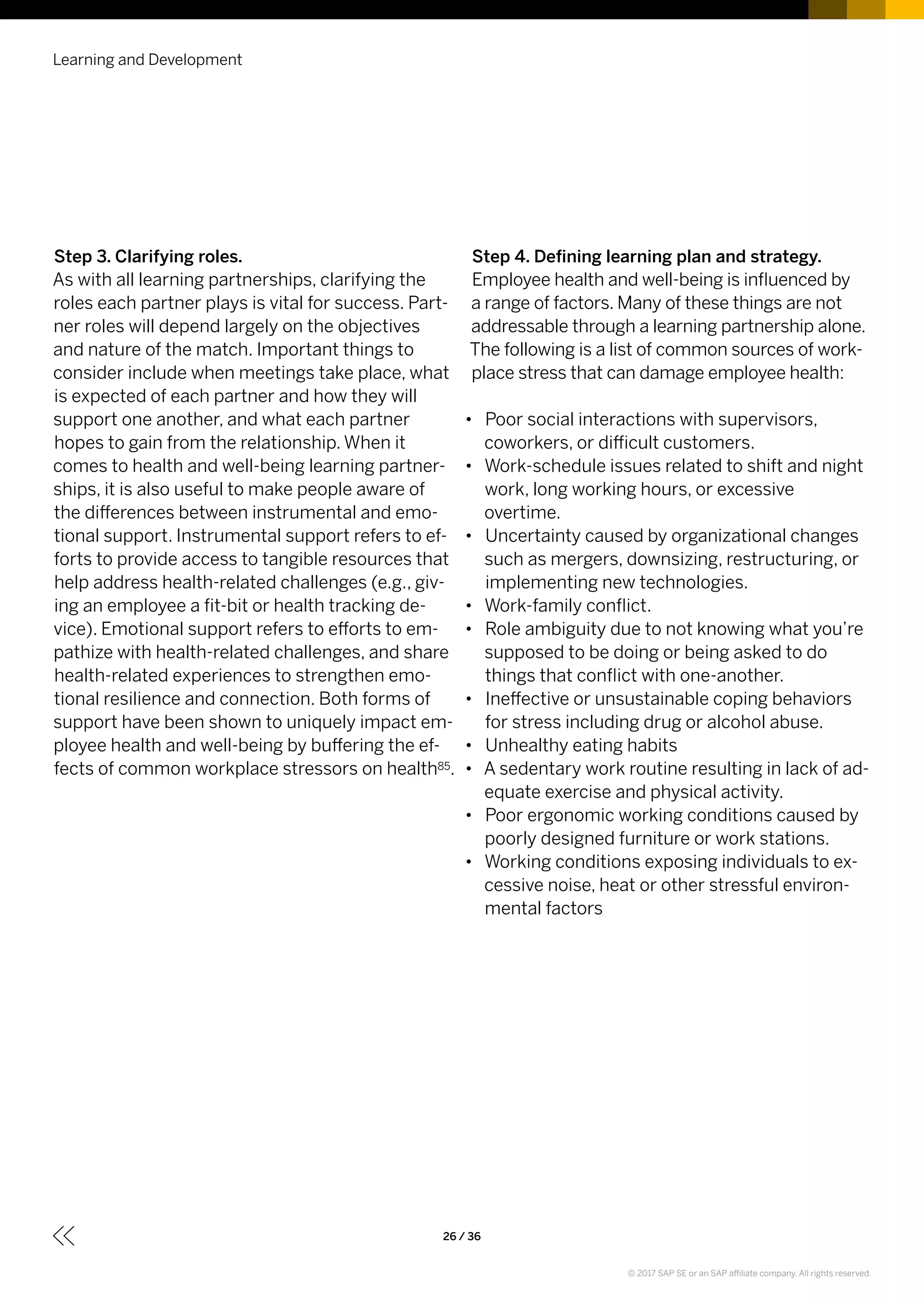 Step 3. Clarifying roles.
As with all learning partnerships, clarifying the
roles each partner plays is vital for success. Part-
ner roles will depend largely on the objectives
and nature of the match. Important things to
consider include when meetings take place, what
is expected of each partner and how they will
support one another, and what each partner
hopes to gain from the relationship. When it
comes to health and well-being learning partner-
ships, it is also useful to make people aware of
the differences between instrumental and emo-
tional support. Instrumental support refers to ef-
forts to provide access to tangible resources that
help address health-related challenges (e.g., giv-
ing an employee a fit-bit or health tracking de-
vice). Emotional support refers to efforts to em-
pathize with health-related challenges, and share
health-related experiences to strengthen emo-
tional resilience and connection. Both forms of
support have been shown to uniquely impact em-
ployee health and well-being by buffering the ef-
fects of common workplace stressors on health85.
Step 4. Defining learning plan and strategy.
Employee health and well-being is influenced by
a range of factors. Many of these things are not
addressable through a learning partnership alone.
The following is a list of common sources of work-
place stress that can damage employee health:
•• Poor social interactions with supervisors,
coworkers, or difficult customers.
•• Work-schedule issues related to shift and night
work, long working hours, or excessive
overtime.
•• Uncertainty caused by organizational changes
such as mergers, downsizing, restructuring, or
implementing new technologies.
•• Work-family conflict.
•• Role ambiguity due to not knowing what you’re
supposed to be doing or being asked to do
things that conflict with one-another.
•• Ineffective or unsustainable coping behaviors
for stress including drug or alcohol abuse.
•• Unhealthy eating habits
•• A sedentary work routine resulting in lack of ad-
equate exercise and physical activity.
•• Poor ergonomic working conditions caused by
poorly designed furniture or work stations.
•• Working conditions exposing individuals to ex-
cessive noise, heat or other stressful environ-
mental factors
Learning and Development
26 / 36
© 2017 SAP SE or an SAP affiliate company. All rights reserved.
 