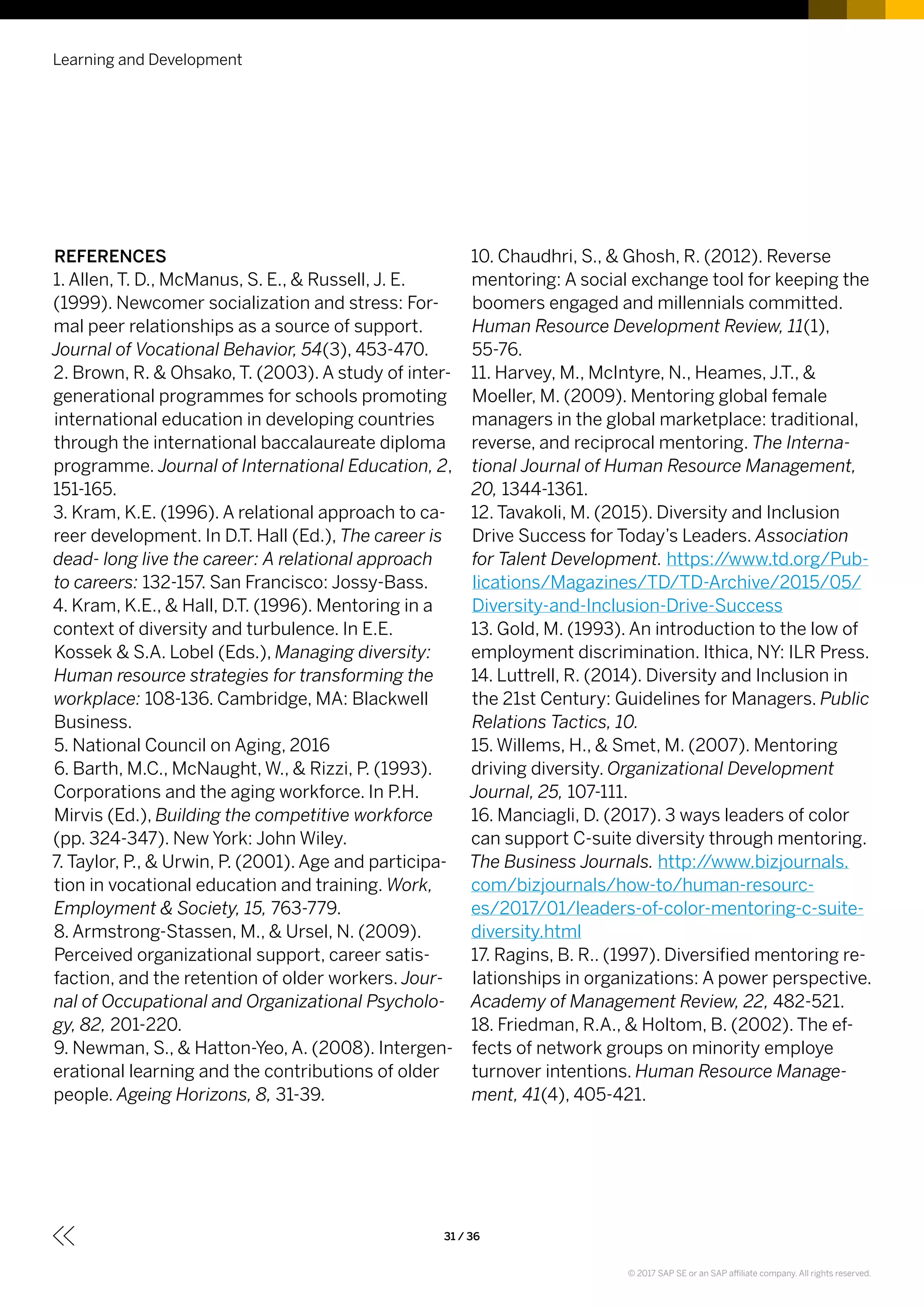REFERENCES
1. Allen, T. D., McManus, S. E., & Russell, J. E.
(1999). Newcomer socialization and stress: For-
mal peer relationships as a source of support.
Journal of Vocational Behavior, 54(3), 453-470.
2. Brown, R. & Ohsako, T. (2003). A study of inter-
generational programmes for schools promoting
international education in developing countries
through the international baccalaureate diploma
programme. Journal of International Education, 2,
151-165.
3. Kram, K.E. (1996). A relational approach to ca-
reer development. In D.T. Hall (Ed.), The career is
dead- long live the career: A relational approach
to careers: 132-157. San Francisco: Jossy-Bass.
4. Kram, K.E., & Hall, D.T. (1996). Mentoring in a
context of diversity and turbulence. In E.E.
Kossek & S.A. Lobel (Eds.), Managing diversity:
Human resource strategies for transforming the
workplace: 108-136. Cambridge, MA: Blackwell
Business.
5. National Council on Aging, 2016
6. Barth, M.C., McNaught, W., & Rizzi, P. (1993).
Corporations and the aging workforce. In P.H.
Mirvis (Ed.), Building the competitive workforce
(pp. 324-347). New York: John Wiley.
7. Taylor, P., & Urwin, P. (2001). Age and participa-
tion in vocational education and training. Work,
Employment & Society, 15, 763-779.
8. Armstrong-Stassen, M., & Ursel, N. (2009).
Perceived organizational support, career satis-
faction, and the retention of older workers. Jour-
nal of Occupational and Organizational Psycholo-
gy, 82, 201-220.
9. Newman, S., & Hatton-Yeo, A. (2008). Intergen-
erational learning and the contributions of older
people. Ageing Horizons, 8, 31-39.
10. Chaudhri, S., & Ghosh, R. (2012). Reverse
mentoring: A social exchange tool for keeping the
boomers engaged and millennials committed.
Human Resource Development Review, 11(1),
55-76.
11. Harvey, M., McIntyre, N., Heames, J.T., &
Moeller, M. (2009). Mentoring global female
managers in the global marketplace: traditional,
reverse, and reciprocal mentoring. The Interna-
tional Journal of Human Resource Management,
20, 1344-1361.
12. Tavakoli, M. (2015). Diversity and Inclusion
Drive Success for Today’s Leaders. Association
for Talent Development. https://www.td.org/Pub-
lications/Magazines/TD/TD-Archive/2015/05/
Diversity-and-Inclusion-Drive-Success
13. Gold, M. (1993). An introduction to the low of
employment discrimination. Ithica, NY: ILR Press.
14. Luttrell, R. (2014). Diversity and Inclusion in
the 21st Century: Guidelines for Managers. Public
Relations Tactics, 10.
15. Willems, H., & Smet, M. (2007). Mentoring
driving diversity. Organizational Development
Journal, 25, 107-111.
16. Manciagli, D. (2017). 3 ways leaders of color
can support C-suite diversity through mentoring.
The Business Journals. http://www.bizjournals.
com/bizjournals/how-to/human-resourc-
es/2017/01/leaders-of-color-mentoring-c-suite-
diversity.html
17. Ragins, B. R.. (1997). Diversified mentoring re-
lationships in organizations: A power perspective.
Academy of Management Review, 22, 482-521.
18. Friedman, R.A., & Holtom, B. (2002). The ef-
fects of network groups on minority employe
turnover intentions. Human Resource Manage-
ment, 41(4), 405-421.
Learning and Development
31 / 36
© 2017 SAP SE or an SAP affiliate company. All rights reserved.
 