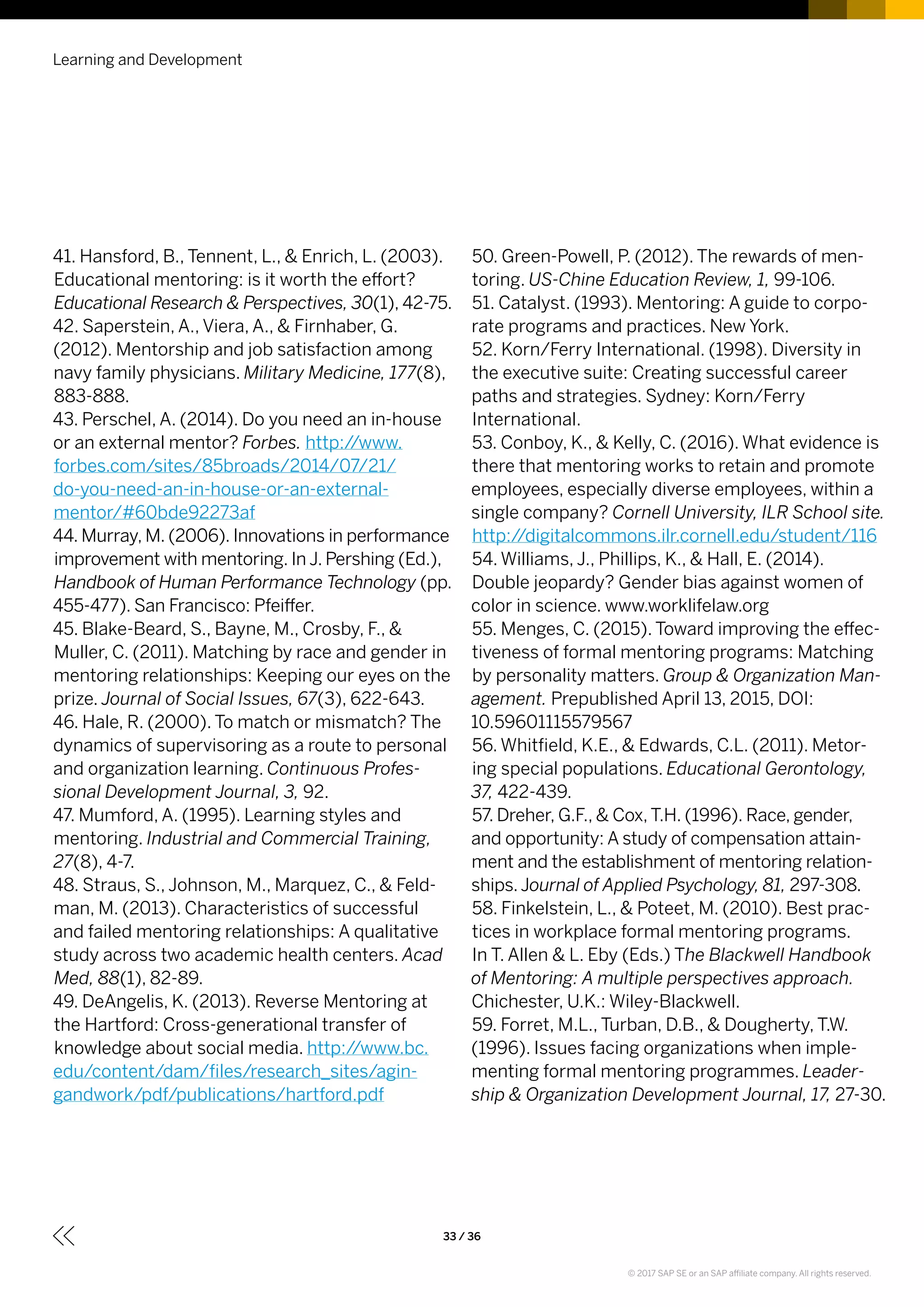 41. Hansford, B., Tennent, L., & Enrich, L. (2003).
Educational mentoring: is it worth the effort?
Educational Research & Perspectives, 30(1), 42-75.
42. Saperstein, A., Viera, A., & Firnhaber, G.
(2012). Mentorship and job satisfaction among
navy family physicians. Military Medicine, 177(8),
883-888.
43. Perschel, A. (2014). Do you need an in-house
or an external mentor? Forbes. http://www.
forbes.com/sites/85broads/2014/07/21/
do-you-need-an-in-house-or-an-external-
mentor/#60bde92273af
44. Murray, M. (2006). Innovations in performance
improvement with mentoring. In J. Pershing (Ed.),
Handbook of Human Performance Technology (pp.
455-477). San Francisco: Pfeiffer.
45. Blake-Beard, S., Bayne, M., Crosby, F., &
Muller, C. (2011). Matching by race and gender in
mentoring relationships: Keeping our eyes on the
prize. Journal of Social Issues, 67(3), 622-643.
46. Hale, R. (2000). To match or mismatch? The
dynamics of supervisoring as a route to personal
and organization learning. Continuous Profes-
sional Development Journal, 3, 92.
47. Mumford, A. (1995). Learning styles and
mentoring. Industrial and Commercial Training,
27(8), 4-7.
48. Straus, S., Johnson, M., Marquez, C., & Feld-
man, M. (2013). Characteristics of successful
and failed mentoring relationships: A qualitative
study across two academic health centers. Acad
Med, 88(1), 82-89.
49. DeAngelis, K. (2013). Reverse Mentoring at
the Hartford: Cross-generational transfer of
knowledge about social media. http://www.bc.
edu/content/dam/files/research_sites/agin-
gandwork/pdf/publications/hartford.pdf
50. Green-Powell, P. (2012). The rewards of men-
toring. US-Chine Education Review, 1, 99-106.
51. Catalyst. (1993). Mentoring: A guide to corpo-
rate programs and practices. New York.
52. Korn/Ferry International. (1998). Diversity in
the executive suite: Creating successful career
paths and strategies. Sydney: Korn/Ferry
International.
53. Conboy, K., & Kelly, C. (2016). What evidence is
there that mentoring works to retain and promote
employees, especially diverse employees, within a
single company? Cornell University, ILR School site.
http://digitalcommons.ilr.cornell.edu/student/116
54. Williams, J., Phillips, K., & Hall, E. (2014).
Double jeopardy? Gender bias against women of
color in science. www.worklifelaw.org
55. Menges, C. (2015). Toward improving the effec-
tiveness of formal mentoring programs: Matching
by personality matters. Group & Organization Man-
agement. Prepublished April 13, 2015, DOI:
10.59601115579567
56. Whitfield, K.E., & Edwards, C.L. (2011). Metor-
ing special populations. Educational Gerontology,
37, 422-439.
57. Dreher, G.F., & Cox,T.H. (1996). Race, gender,
and opportunity: A study of compensation attain-
ment and the establishment of mentoring relation-
ships.Journal of Applied Psychology, 81, 297-308.
58. Finkelstein, L., & Poteet, M. (2010). Best prac-
tices in workplace formal mentoring programs.
In T. Allen & L. Eby (Eds.) The Blackwell Handbook
of Mentoring: A multiple perspectives approach.
Chichester, U.K.: Wiley-Blackwell.
59. Forret, M.L., Turban, D.B., & Dougherty, T.W.
(1996). Issues facing organizations when imple-
menting formal mentoring programmes. Leader-
ship & Organization Development Journal, 17, 27-30.
Learning and Development
33 / 36
© 2017 SAP SE or an SAP affiliate company. All rights reserved.
 