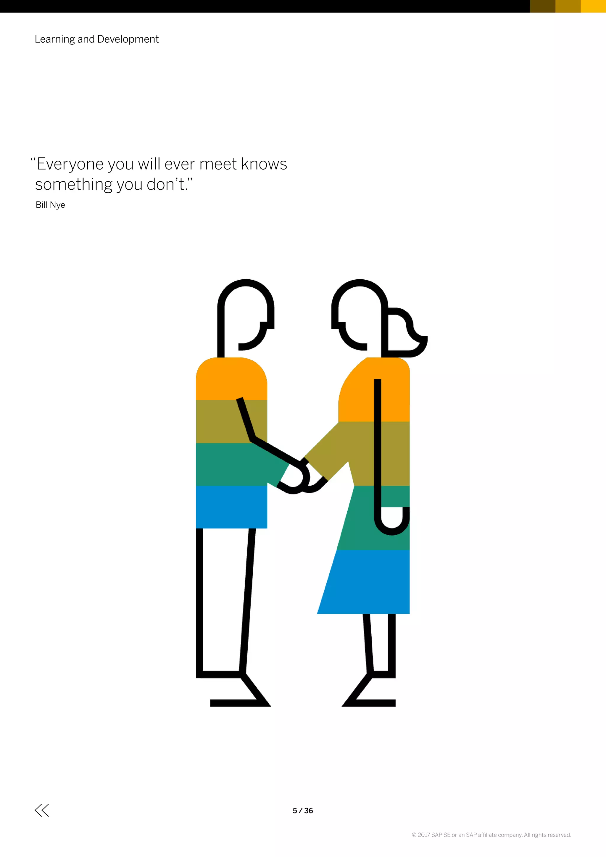 Learning and Development
5 / 36
“Everyone you will ever meet knows
something you don’t.”
Bill Nye
© 2017 SAP SE or an SAP affiliate company. All rights reserved.
 