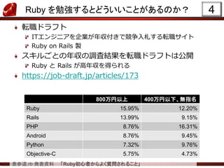 表参道.rb 発表資料 「Ruby初心者からよく質問されること」
Ruby を勉強するとどういいことがあるのか？
転職ドラフト
ITエンジニアを企業が年収付きで競争入札する転職サイト
Ruby on Rails 製
スキルごとの年収の調査結果を転職ドラフトは公開
Ruby と Rails が高年収を得られる
https://job-draft.jp/articles/173
4
800万円以上 400万円以下、無指名
Ruby 15.95% 12.20%
Rails 13.99% 9.15%
PHP 8.76% 16.31%
Android 8.76% 9.45%
Python 7.32% 9.76%
Objective-C 5.75% 4.73%
 
