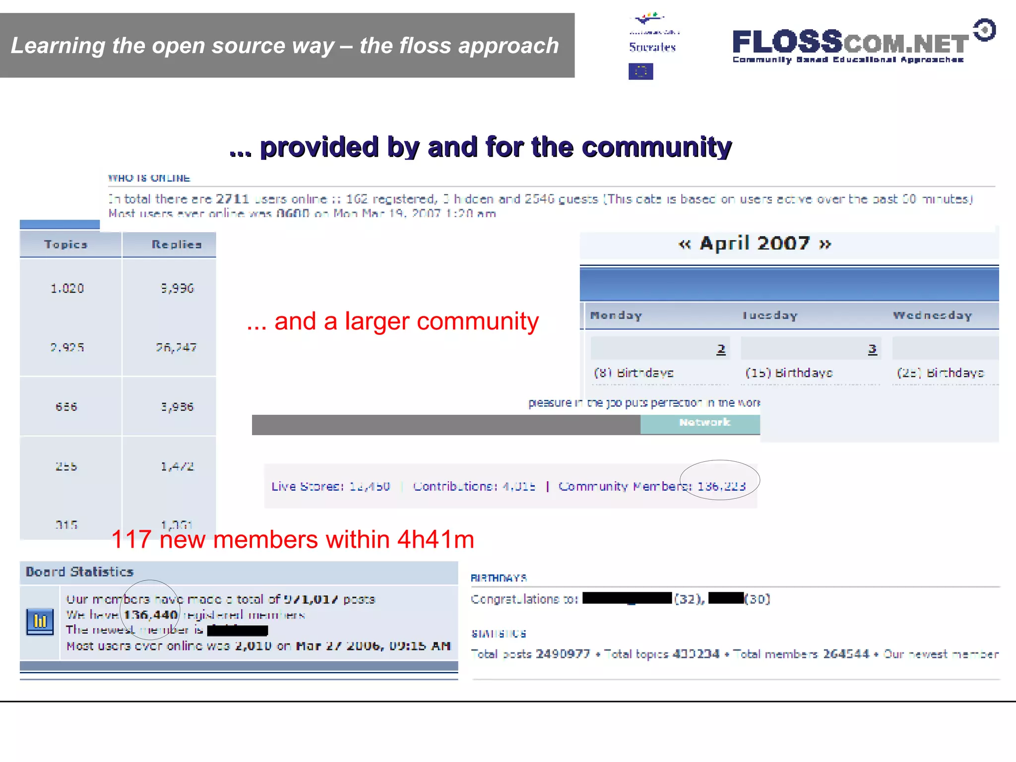 ... provided by and for the community ... and a larger community 117 new members within 4h41m Learning the open source way – the floss approach 