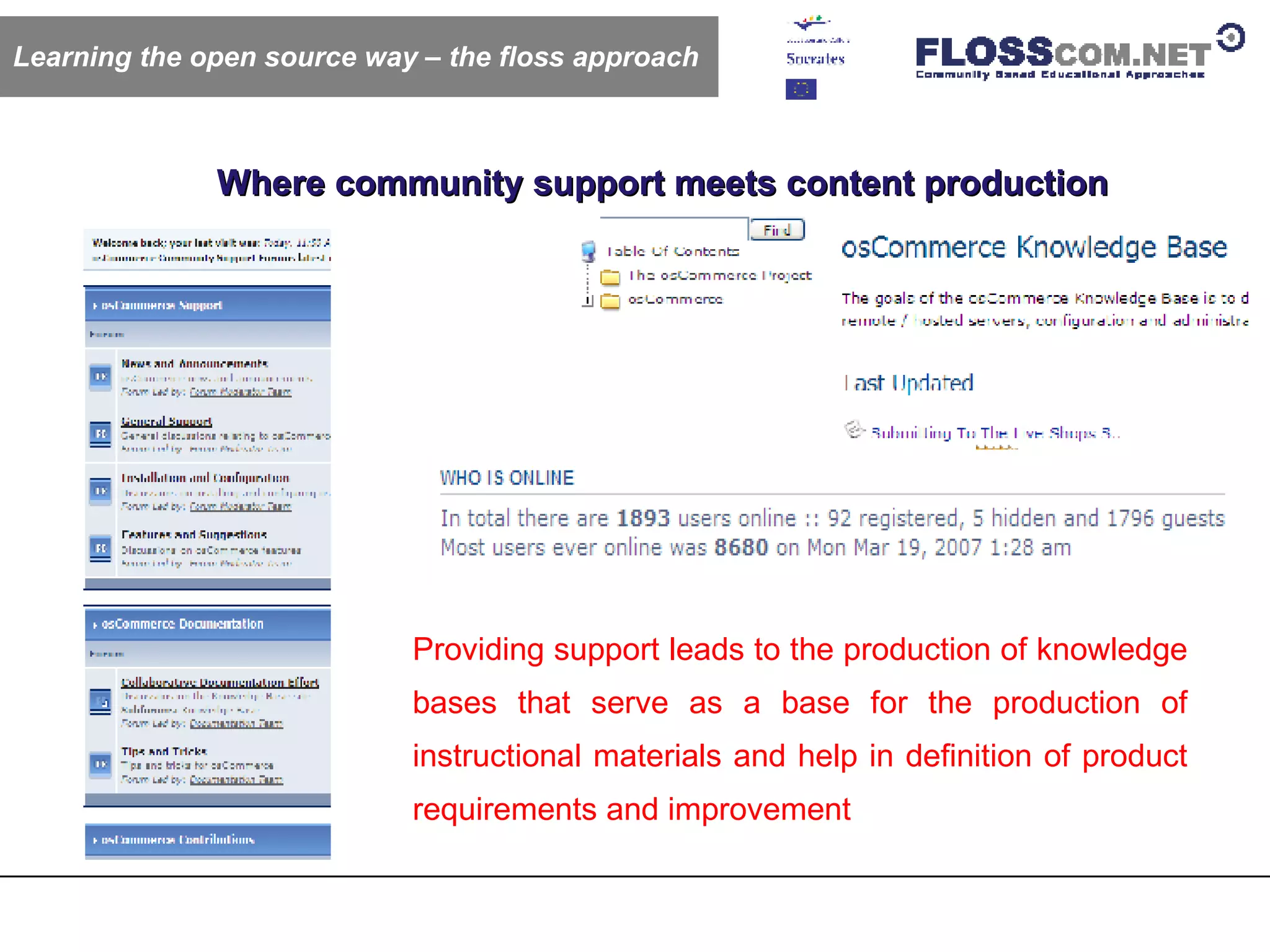 Where community support meets content production Learning the open source way – the floss approach Providing support leads to the production of knowledge bases that serve as a base for the production of instructional materials and help in definition of product requirements and improvement 