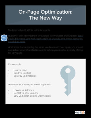 6 
On-Page Optimization: 
The New Way 
Marketers should still be using keywords. 
But rather than littering them throughout every aspect of your page, think 
about the value you want each page to provide, and which keywords 
match that value. 
And rather than repeating the same word over and over again, you should 
use a diverse set of related keywords to help you rank for a variety of long 
tail keywords. 
For example: 
• Link vs. Links 
• Build vs. Building 
• Strategy vs. Strategies 
Also rank for a variety of lateral keywords: 
• Lawyer vs. Attorney 
• Dentist vs. Oral Surgery 
• SEO vs. Search Engine Optimization 
TWEET 
THIS! 
 