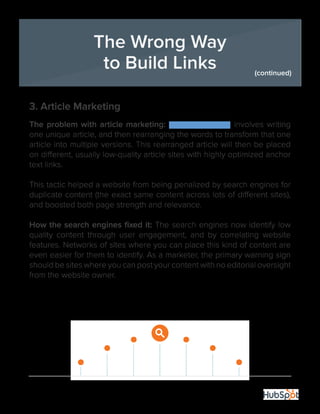 25
3. Article Marketing
The problem with article marketing: Article marketing involves writing
one unique article, and then rearranging the words to transform that one
article into multiple versions. This rearranged article will then be placed
on different, usually low-quality article sites with highly optimized anchor
text links.
This tactic helped a website from being penalized by search engines for
duplicate content (the exact same content across lots of different sites),
and boosted both page strength and relevance.
How the search engines fixed it: The search engines now identify low
quality content through user engagement, and by correlating website
features. Networks of sites where you can place this kind of content are
even easier for them to identify. As a marketer, the primary warning sign
should be sites where you can post your content with no editorial oversight
from the website owner.
The Wrong Way
to Build Links (continued)
 