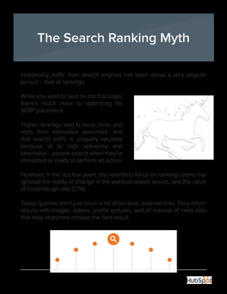 34
Historically, traffic from search engines has been about a very singular
pursuit -- that of rankings.
While you want to land on the first page,
there’s much more to optimizing for
SERP placement.
Higher rankings lead to more clicks and
visits from interested searchers, and
that search traffic is uniquely valuable
because of its high relevancy and
timeliness -- people search when they’re
interested or ready to perform an action.
However, in the last few years, the relentless focus on rankings alone has
ignored the reality of change in the world of search results, and the value
of clickthrough rate (CTR).
Today, queries don’t just return a list of ten blue, ordered links. They return
results with images, videos, profile pictures, and all manner of meta data
that help searchers choose the best result.
The Search Ranking Myth
 