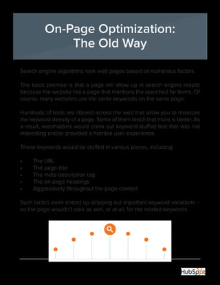5
Search engine algorithms rank web pages based on numerous factors.
The basic premise is that a page will show up in search engine results
because the website has a page that mentions the searched for terms. Of
course, many websites use the same keywords on the same page.
Hundreds of tools are littered across the web that allow you to measure
the keyword density of a page. Some of them teach that more is better. As
a result, webmasters would crank out keyword-stuffed text that was not
interesting and/or provided a horrible user experience.
These keywords would be stuffed in various places, including:
•	 The URL
•	 The page title
•	 The meta description tag
•	 The on-page headings
•	 Aggressively throughout the page content
Such tactics even ended up stripping out important keyword variations --
so the page wouldn’t rank as well, or at all, for the related keywords.
On-Page Optimization:
The Old Way
 