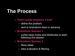 <ul><li>Team Leader prepares a brief </li></ul><ul><ul><li>define the problem </li></ul></ul><ul><ul><li>sent to brainstor...