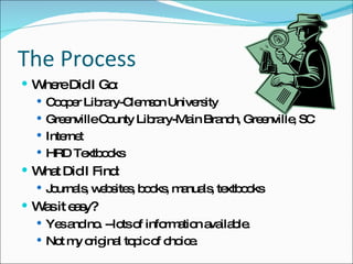 The Process Where Did I Go:  Cooper Library-Clemson University Greenville County Library-Main Branch, Greenville, SC Internet HRD Textbooks What Did I Find: Journals, websites, books, manuals, textbooks Was it easy?  Yes and no. --lots of information available. Not my original topic of choice. 