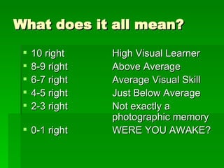 What does it all mean? 10 right High Visual Learner 8-9 right Above Average 6-7 right Average Visual Skill 4-5 right Just Below Average 2-3 right Not exactly a  photographic memory 0-1 right WERE YOU AWAKE? 