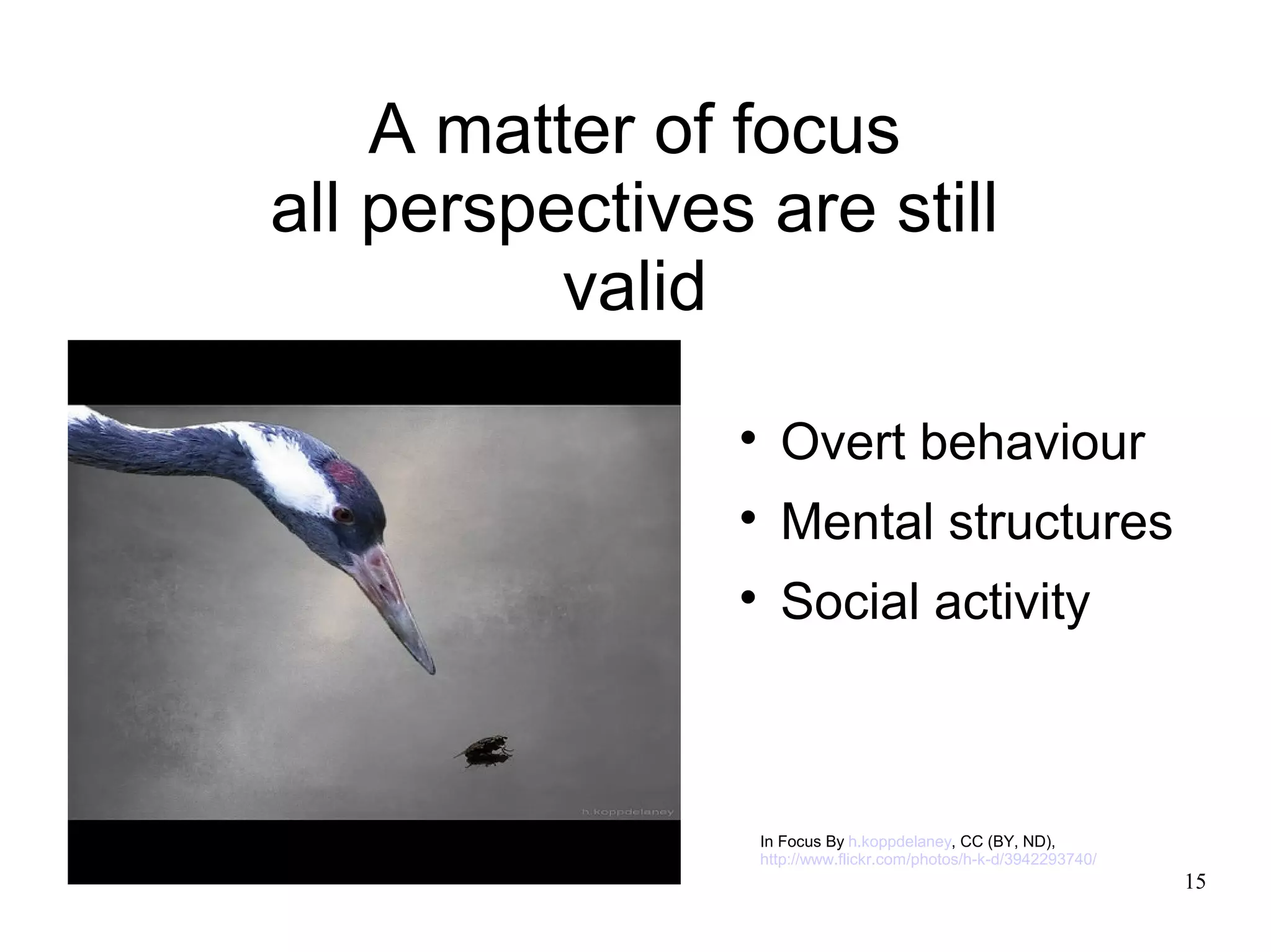 A matter of focus
all perspectives are still
          valid
                
                    Overt behaviour
                
                    Mental structures
                
                    Social activity



                 In Focus By h.koppdelaney, CC (BY, ND),
                 http://www.flickr.com/photos/h-k-d/3942293740/
                                                                  15
 