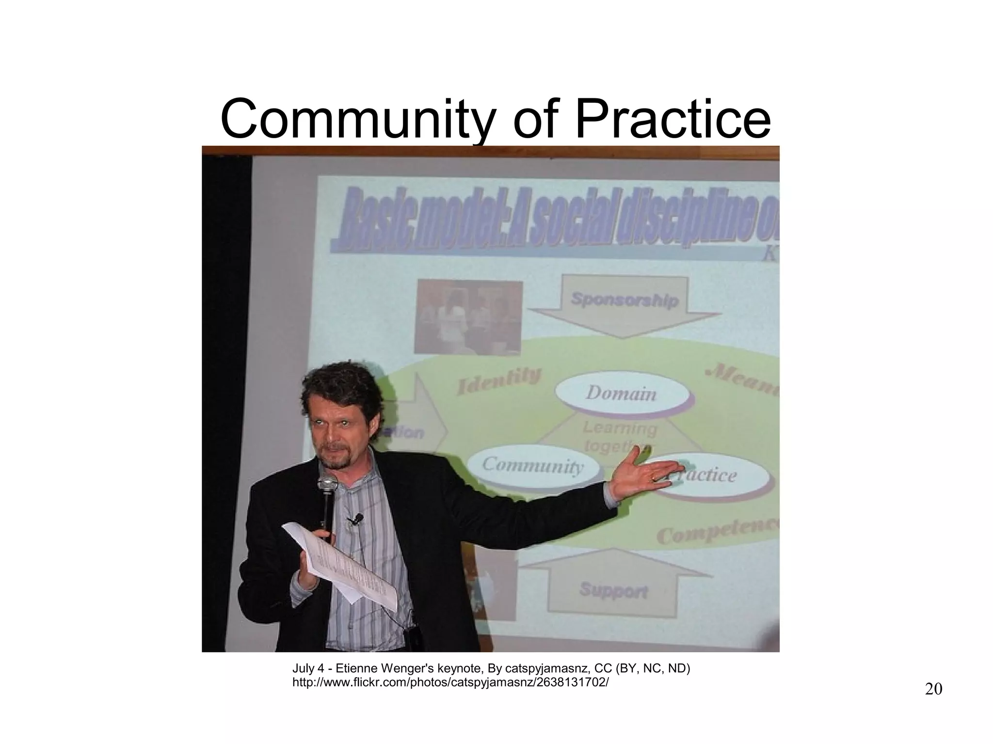 Community of Practice




  July 4 - Etienne Wenger's keynote, By catspyjamasnz, CC (BY, NC, ND)
  http://www.flickr.com/photos/catspyjamasnz/2638131702/
                                                                         20
 