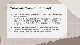 SLIDESMANIA.COM
SLIDESMANIA.COM
Pavlonian (Classical learning)
● Ivan Petrovich Pavlov observed this conditioning in his work on
gastric secretion
● In which, a dog salivated not only when food was placed in its
mouth, but also at the sound of the footsteps of the person
coming to feed it, even though the dog could not see or smell
the food
● He called the saliva flow that occurred with the sound of
footsteps a conditioned response (CR), a response elicited
under certain conditions by a particular stimulus
 