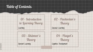 SLIDESMANIA.COM
SLIDESMANIA.COM
Table of Contents.
Learning Classical Learning
Cognitive Development
01 - Introduction
to Learning Theory
02 - Pavlovian’s
Theory
04 - Piaget’s
Theory
Operant Learning
03 - Skinner’s
Theory
 