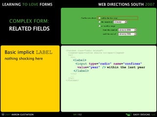 COMPLEX FORM: RELATED FIELDS Basic implicit  LABEL nothing shocking here <fieldset class="radio related"> <legend><span>Confine results to</span></legend> <ul> <li> < label > < input  type = "radio"  name = "confines"   value = "year"  />   within the last year   </ label > </li> ... </ul> </fieldset> 