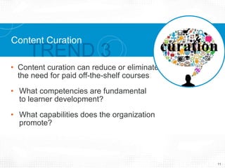 • Content curation can reduce or eliminate
the need for paid off-the-shelf courses
• What competencies are fundamental
to learner development?
• What capabilities does the organization promote?
Content Curation
11
 