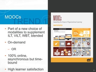 5
• Part of a new choice of
modalities to supplement
ILT,VILT,WBT, blended
• On-demand
– OR
• 100% online, asynchronous
but time-bound
• High learner satisfaction
MOOCs
5
 