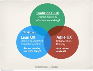 Traditional UX
                                          Design, Usability
                                        What are we making?



                            Startup
                           Lean UX                           Agile UX
                           Measuring,validating             Collaboration,
                           product/market fit.              Delivery
                             Are we making                   How do we
                             the right thing?                make it?




                                       @ANDERSRAMSAY / #AGILEUX
Saturday, December 1, 12
 