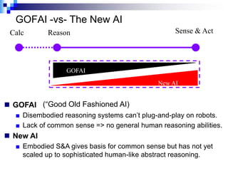 GOFAI -vs- The New AI
 Calc      Reason                                 Sense & Act




                 GOFAI
                                             New AI


 GOFAI (“Good Old Fashioned AI)
  ■ Disembodied reasoning systems can‟t plug-and-play on robots.
  ■ Lack of common sense => no general human reasoning abilities.
 New AI
  ■ Embodied S&A gives basis for common sense but has not yet
    scaled up to sophisticated human-like abstract reasoning.
 