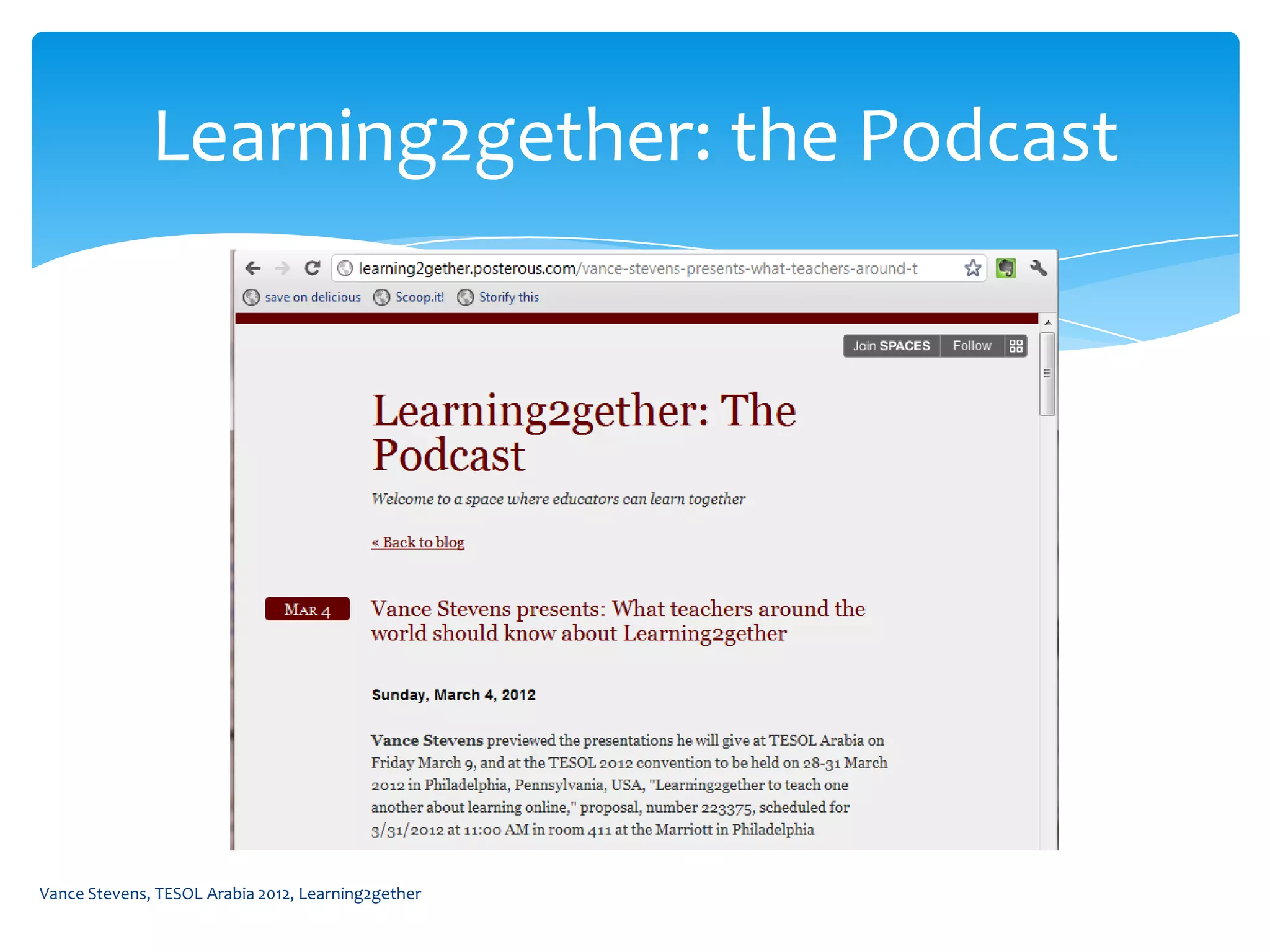Learning2gether: the Podcast




Vance Stevens, TESOL Arabia 2012, Learning2gether
 